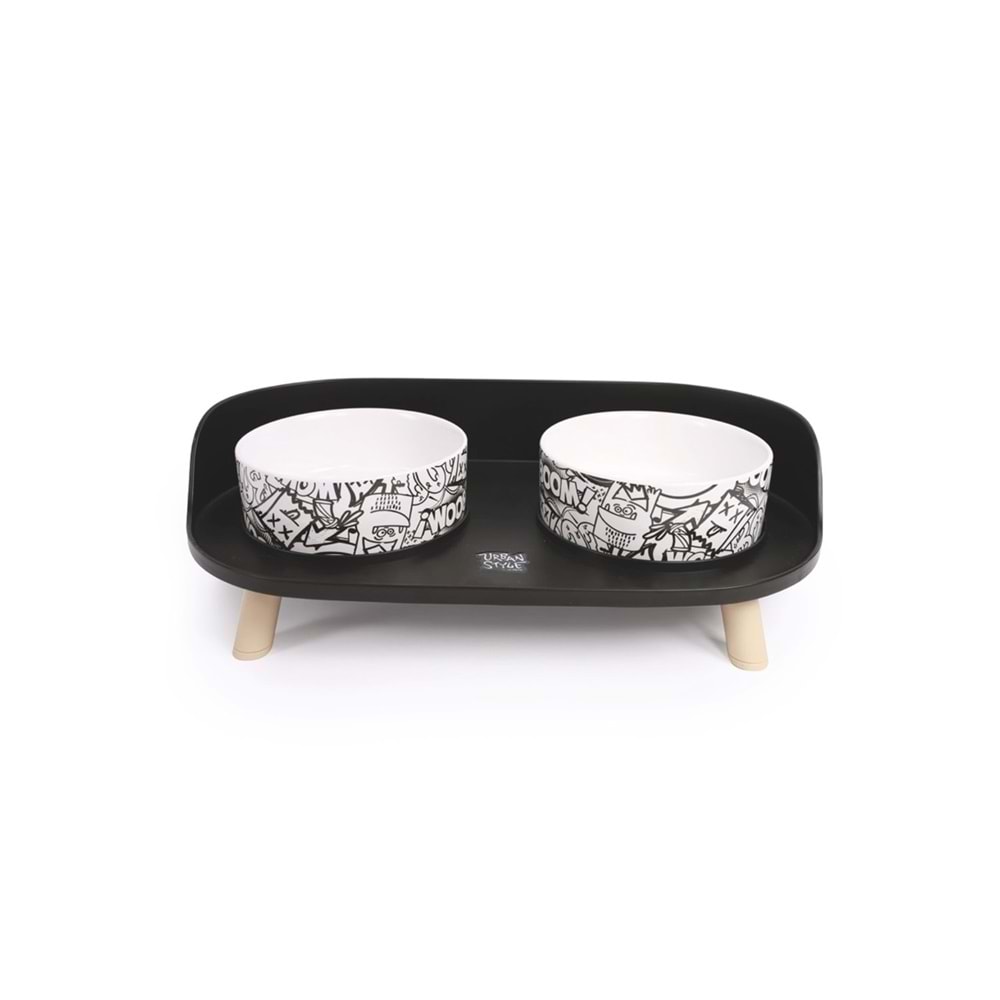 Yükseltilmiş Seramik Mama ve Su Kabı (Siyah&Beyaz)